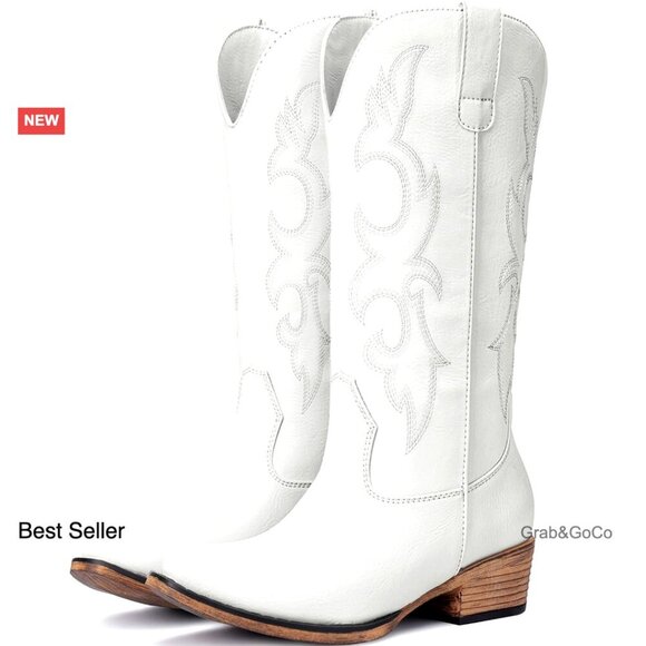 Shoes - Embroidered Cowgirl Boots Western Chunky Heel Pointed Toe Mid Calf Fashion
